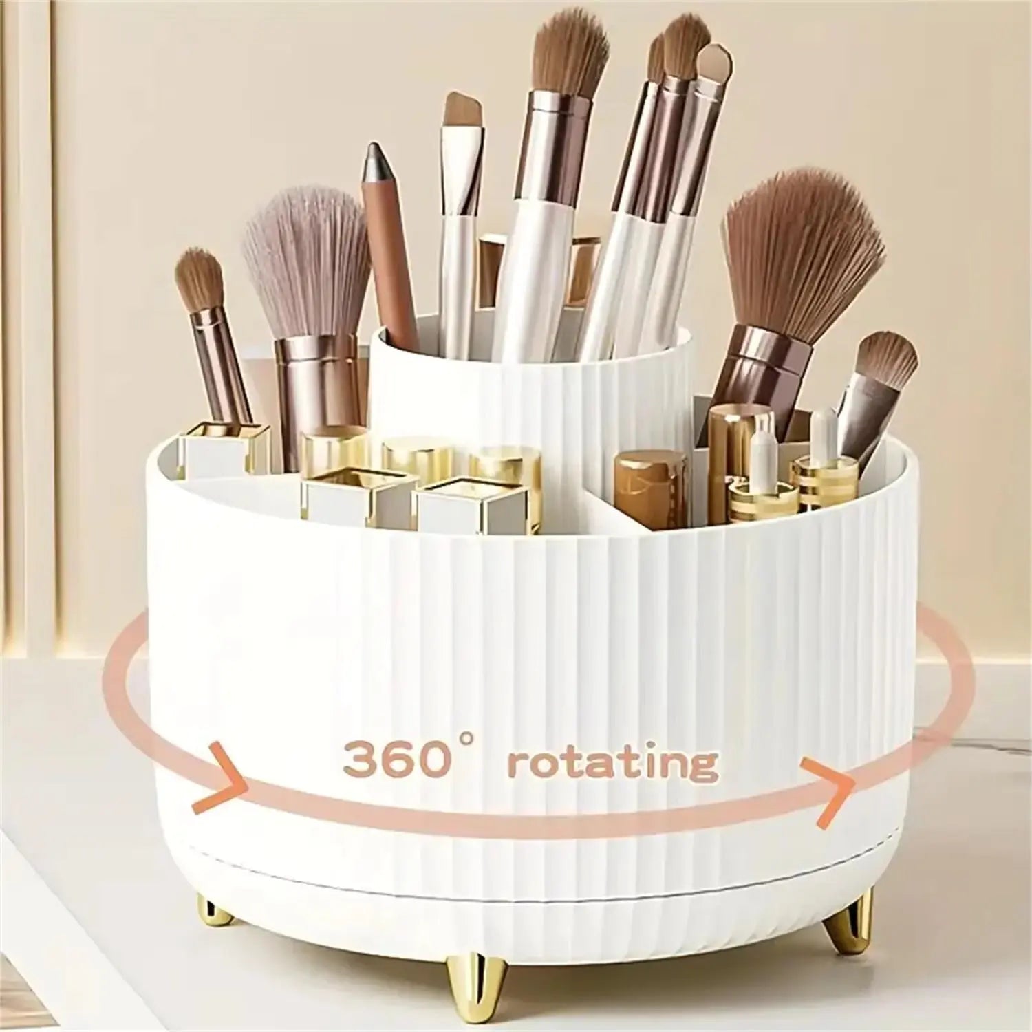 360° Rotating Makeup Organizer , Plastic Cosmetic Storage with 5 Compartments - Multi-Functional Holder for Brushes and Lipstick Shelflex