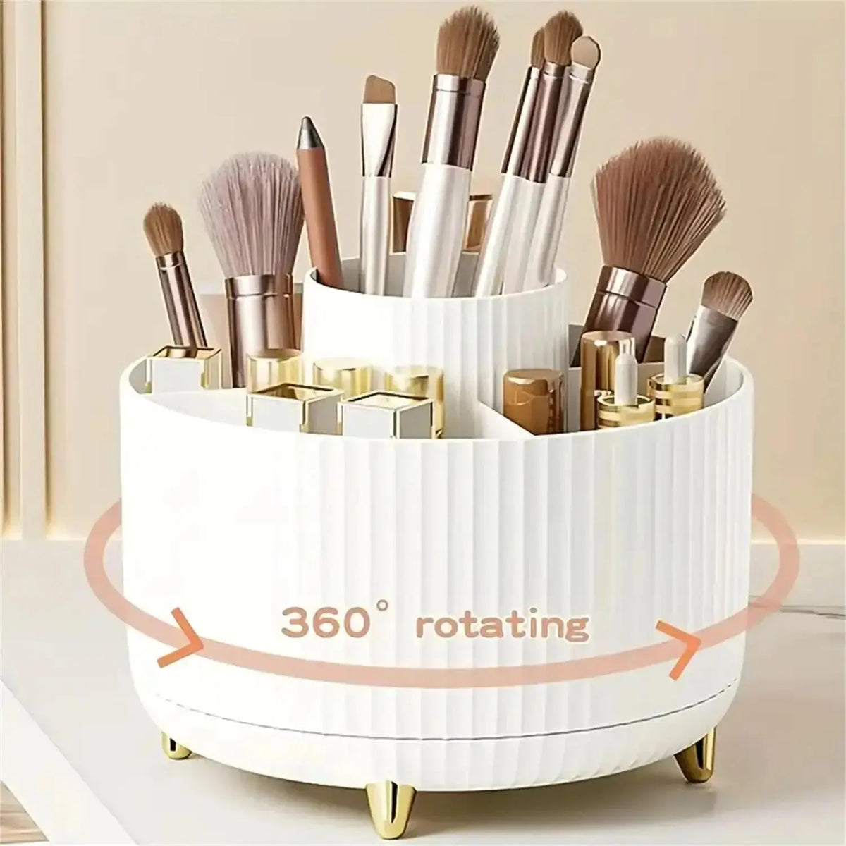 360° Rotating Makeup Organizer , Plastic Cosmetic Storage with 5 Compartments - Multi-Functional Holder for Brushes and Lipstick Shelflex