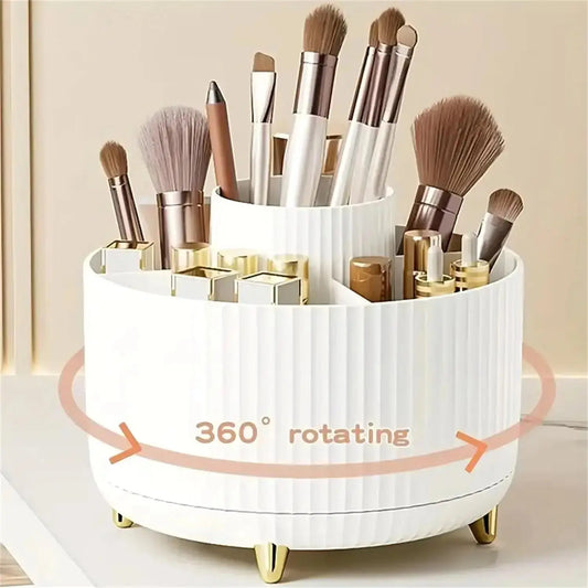 360° Rotating Makeup Organizer , Plastic Cosmetic Storage with 5 Compartments - Multi-Functional Holder for Brushes and Lipstick Shelflex